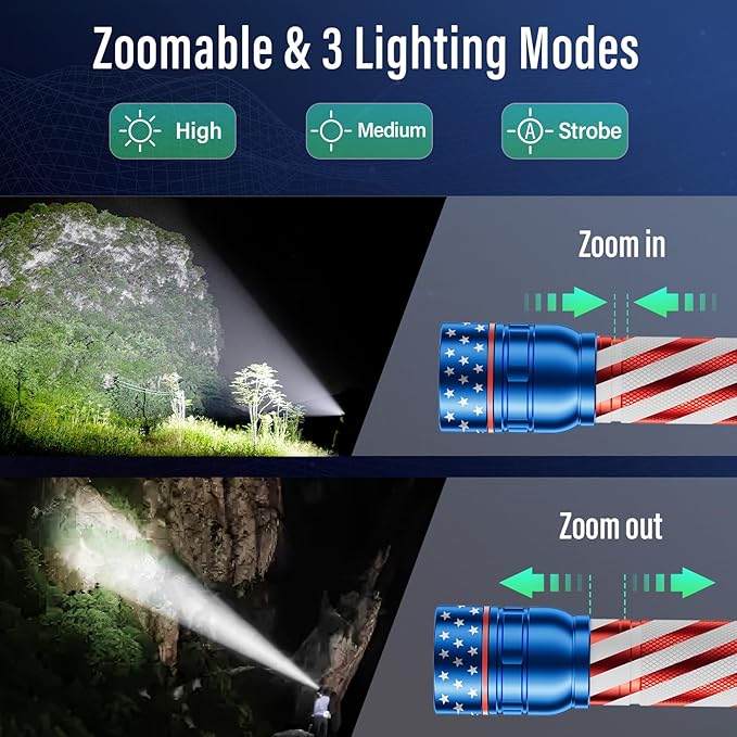 RECHOO Rechargeable Flashlight 1 Pack, Bright Military Grade Torch Light High Lumens with Adjustable Focus & 3 Lighting Modes, Portable Waterproof Led Flashlight for Camping Home, Gifts for Man Kids