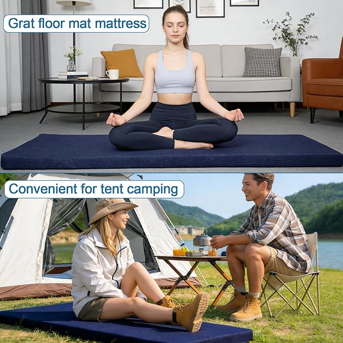 Memory Foam Camping Mattress Pad 3inch, Sleeping Pad, Portable Roll Up Mattress for Adults, Camping Bed Pads for Sleepover, Non-Slip Bottom Cot Mattress Pad 72" x 24"x 3"