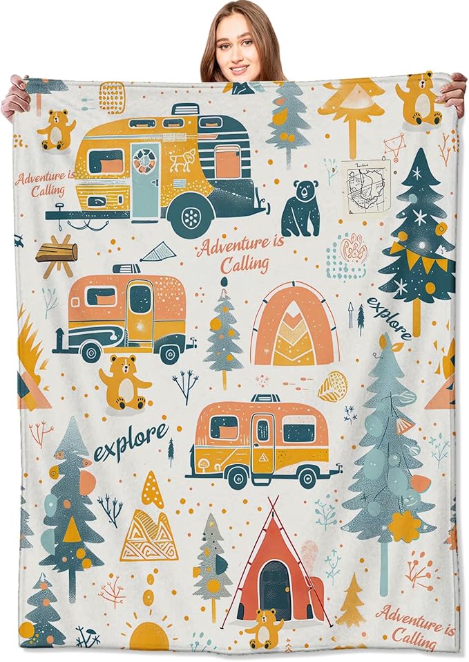 Adventure Camping Blanket Outdoor Camper Picnic Throw Blankets Gifts for Girls Adults Lightweight Soft Fleece Cozy for Sofa Couch Bed Room Travel Birthday Party Decor 40x50in
