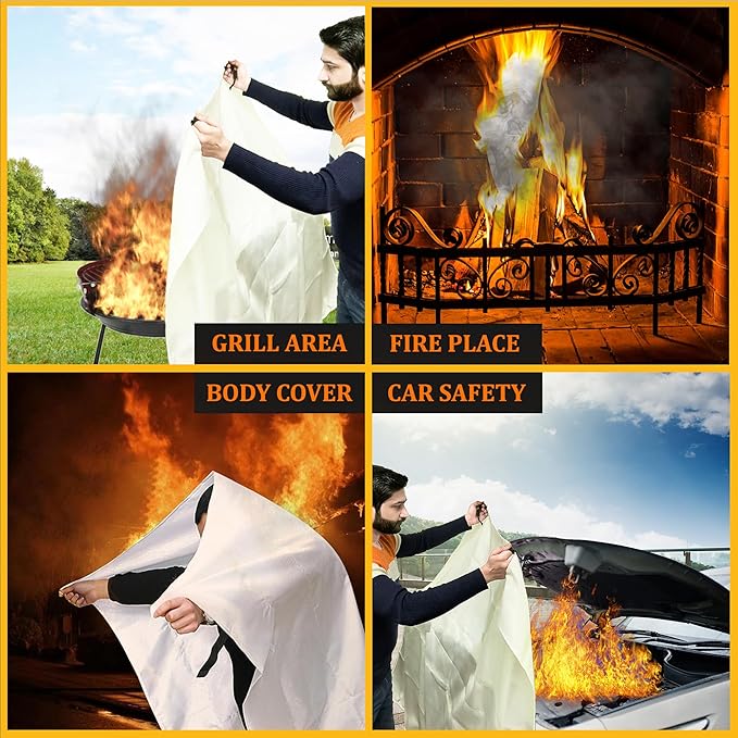 SKAMZ Fire Blanket 4 Pack - 47" x 47" Prepared Emergency Fire Blanket for Home and Kitchen, RV, Grill, Fireplace, Safe & Easy for Young Adults and Elderly