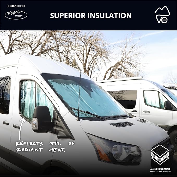 VanEssential Insulated Reflective Blackout Window Covers Designed for Ford Transit High/Medium Roof Front Door Windows (Pair) - Charcoal Gray Reflective