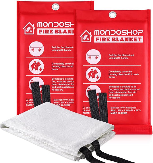 Mondoshop Fire Blanket Emergency for Home and Kitchen - 2 Pack 72"x72" Fire Blankets Fire Resistant Blanket for Camping, Grill, Car, Office, Warehouse, School, Picnic, Garages, Workshops