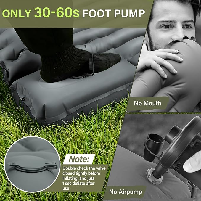 FUN PAC Camping Sleeping Pad, Ultralight Camping Mat with Pillow Built-in Foot Pump Inflatable Sleeping Pads Compact for Camping Backpacking Hiking Traveling - Gray