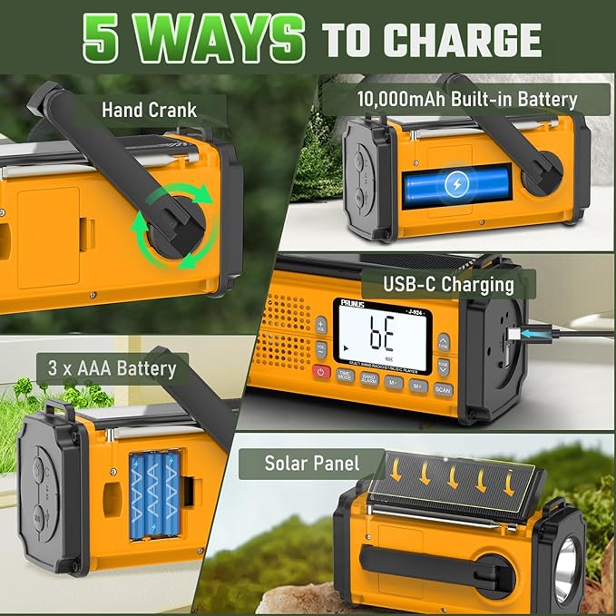 PRUNUS J-924 10000mAh/37000mWh Hand Crank Radio, AAA Batteries Powered Emergency Radio Solar, NOAA Weather Radio AM/FM/SW, USB Charging, Torch& Reading Light, SOS Alarm, Power Bank