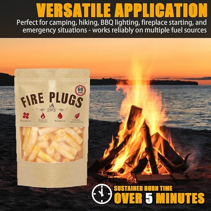 60 Pack Fire Plugs, Weatherproof Fire Starters for Emergencies, Survival, Campfires, Fire Pits, Charcoal Grill, Long Burn Time