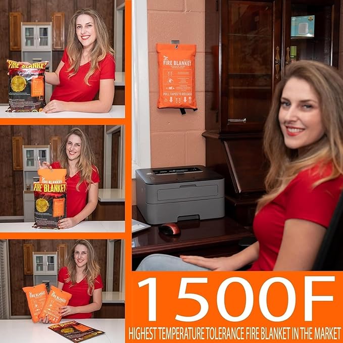 Fire Blanket - 1500F CE Certified Emergency Fire Blanket for Home and Kitchen. 500GSM Fabric & 0.5mm Thick - 100% Fiberglass Fire Extinguisher for Car,Warehouse Office - 2pc (40x40 inches) by Supa Ant