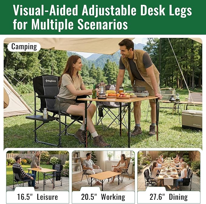 KingCamp 4-Fold Bamboo Camping Table with Serrated Adjustable Legs (16.5" to 27.6"), Heavy-Duty Aluminum Frame & Carry Bag for Outdoor, RV, Picnic, Beach