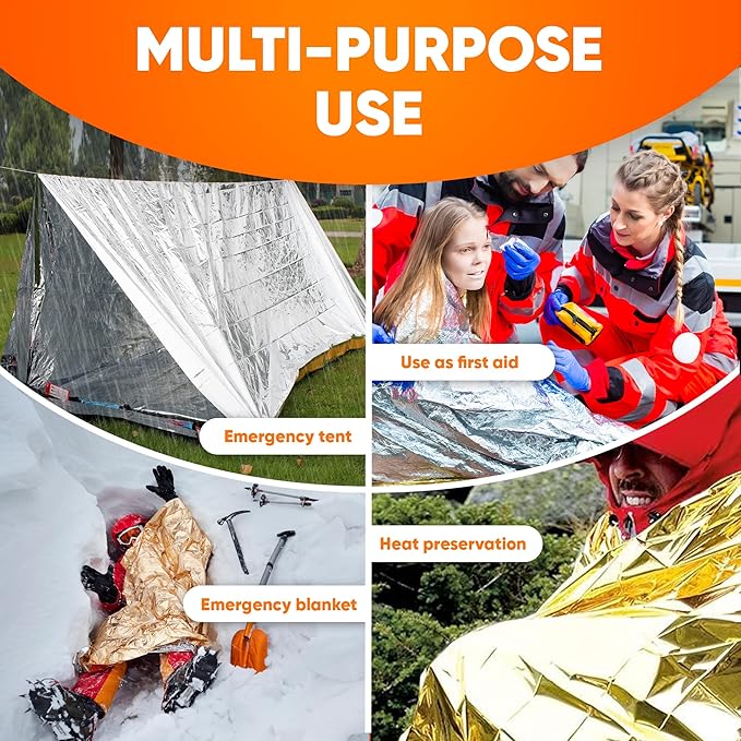 Survival Blankets - Waterproof & Windproof Emergency Cover, Reflective Exterior - Helps Retain Body Heat - 12 Microns, Compact & Lightweight - 5-Pack, 4 Silver, 1 Gold - 52x82”, 2oz
