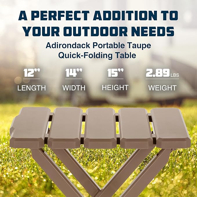 Camco Adirondack Portable Outdoor Camping Small Weatherproof Rustproof Durable Plastic Folding Side Table for Indoor and Outdoor Use, 2 Pack, Taupe