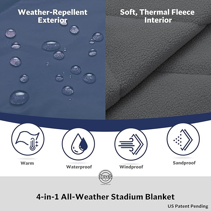 STOVER Large Waterproof Outdoor Stadium Blanket - Extra Thick Soft Fleece Camping Blanket for Travel, Picnics, Sports, Dogs - 79"x55", Warm, Windproof, Sand-Proof, Lightweight, Packable (Stadium Blue)