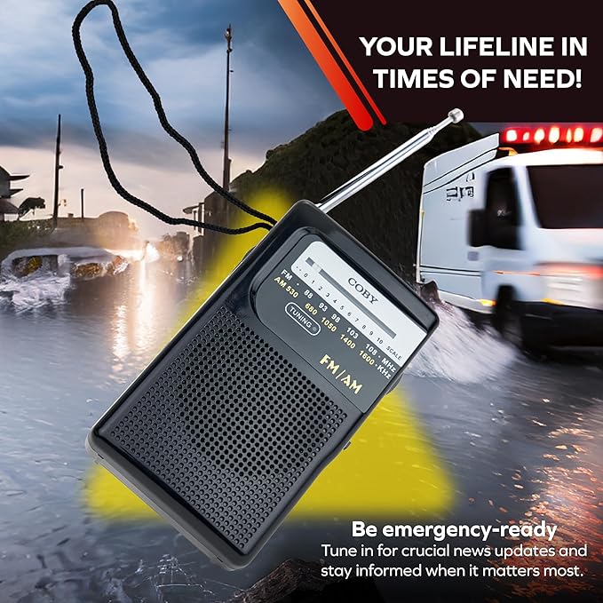 Coby Portable AM/FM Radio – Retro Battery Operated Pocket Radio with Powerful Speakers, Long 800-Hour Battery, Clear Reception, Emergency & Travel Transistor Device for Home or Outdoors