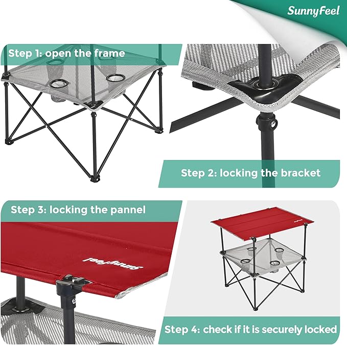 SUNNYFEEL Folding Camping Table- Collapsible Portable Beach Table with 4 Cup Holders & Carry Bags, Tailgate Table for Outdoor Excursion Picnic Hiking Fishing Travel Parties, Red
