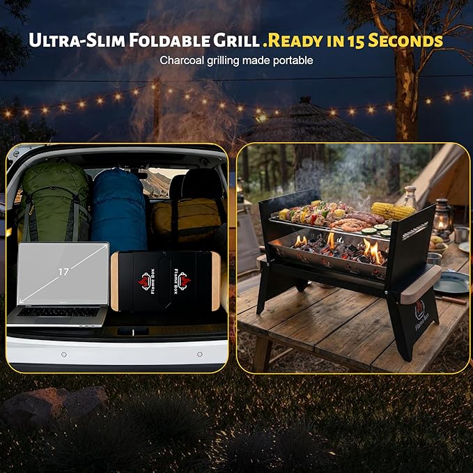 Nomad Portable Charcoal Grill – Ultra-Slim Folding BBQ for Outdoor Cooking, Camping & Travel | 304 Stainless Steel, Heat-Resistant Wood Handles, 3-sec Setup, Ready to serve 3-4 people