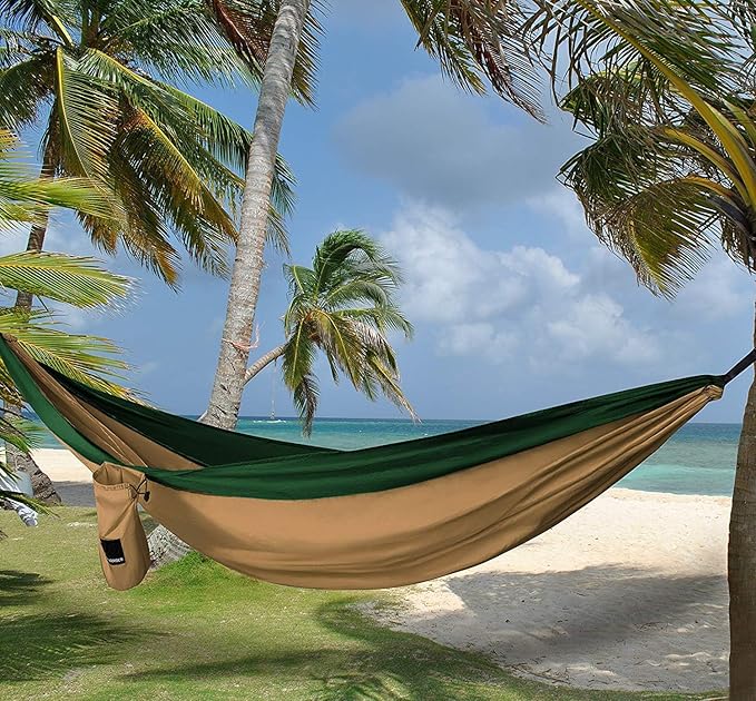 Gold Armour Camping Hammock - Portable Hammock Single Hammock Camping Accessories Gear for Outdoor Indoor Adult Kids, USA Based Brand (Khaki & Green)