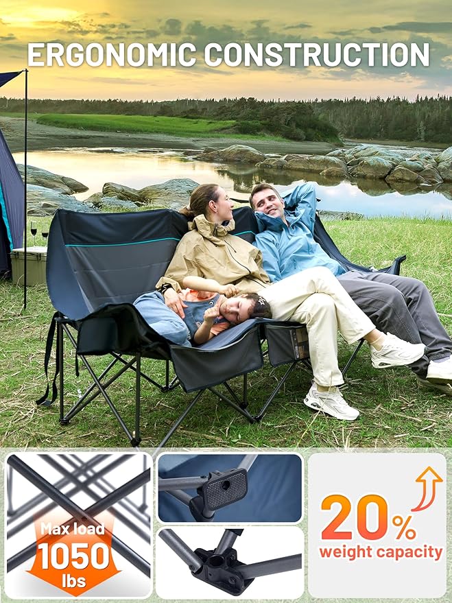 Timber Ridge 3 Person Camping Chair with Cup Holders and Pockets, Outdoor Folding Loveseat Camping Chairs, 1050lbs Capacity Heavy Duty Camp Couch for Outside Picnic, Beach, Lawn, Sports, Blue
