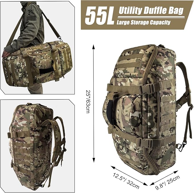 Hannibal Tactical 55L Large Duffle Bag, 3-in-1 Tactical Backpack MOLLE Pack for Sports, Gym, Outdoor, CP
