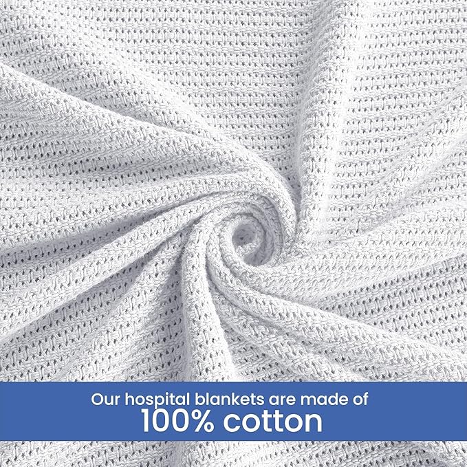 Linteum Textile Supply White Hospital Thermal Blanket 66x90 Inch 100% Cotton, Soft and Cozy, Breathable, Open-Cell Weave Design, All Season Twin Hospital Blanket (4-Pack)