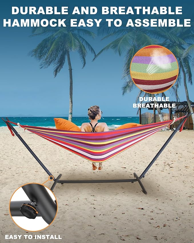 EveryFun Double Hammock with Heavy-Duty Steel Stand,Portable,Easy Assembly,600lbs Weight Capacity,Suit for Indoor,Yard,Camping,or Outdoor