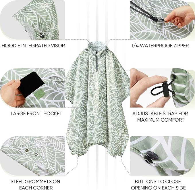 PTEROMY 3-in-1 Hooded Rain Poncho for Adult with Pocket, Waterproof Lightweight Unisex Raincoat for Hiking Camping Emergency