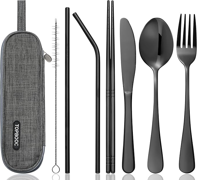Travel Utensils Set with Case – 8-Piece Reusable Stainless Steel Camping Cutlery Set for Lunchbox, Office, School – Portable Fork Spoon Knife Chopsticks – Dishwasher Safe – Black