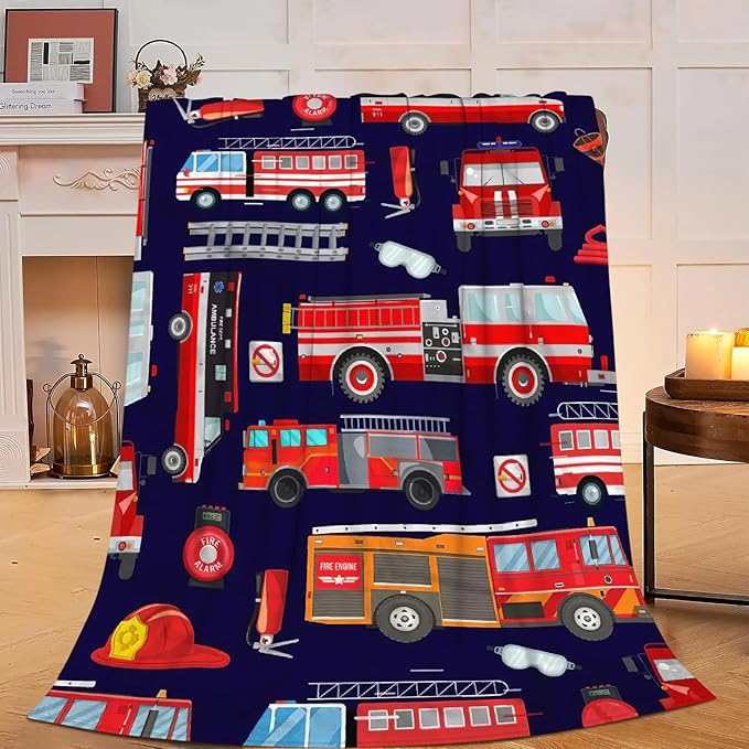 Fire Truck Blanket Soft Cozy Truck Plush Throw Blanket Warm Firefighter Car Flannel Fleece Bedding Stuff Decor Blanket Gifts for Lover Teens Kids Girls Boys Women Adults Bed Travel 50"x60"