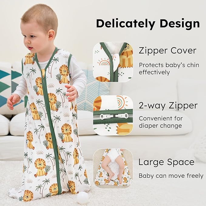 Baby Sleep Sack 6-12 months, 100% Cotton Sleeping Sack for Newborn and Infant, 3 Pack Baby Wearable Blanket, 0.5 Tog Lightweight Double Zipper Sleep Bag Medium Brown Green Lion