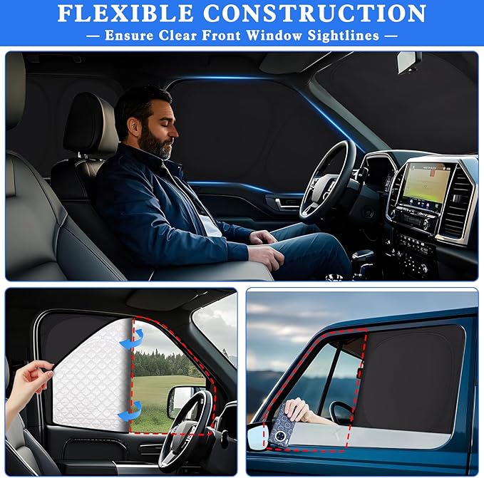 ZATOTOO Car Window Shades for 2021-2024 Ford F-150 Sun Shade for Side Window Front and Rear Windshield, Full Privacy Protection UV Ray Sun Blocker Heat Insulation for Camping Napping Long Time Parking