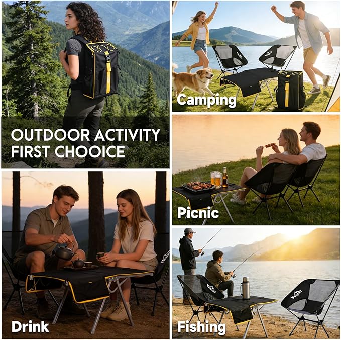 Camping Backpack - Aviation Aluminum Table Frame + 2 Folding Camping Chairs,+ Convertible Backpack Tabletop, Quick Setup&Portable,Camping Gear,Gifts for Camping, Picnic, Beach (Black)