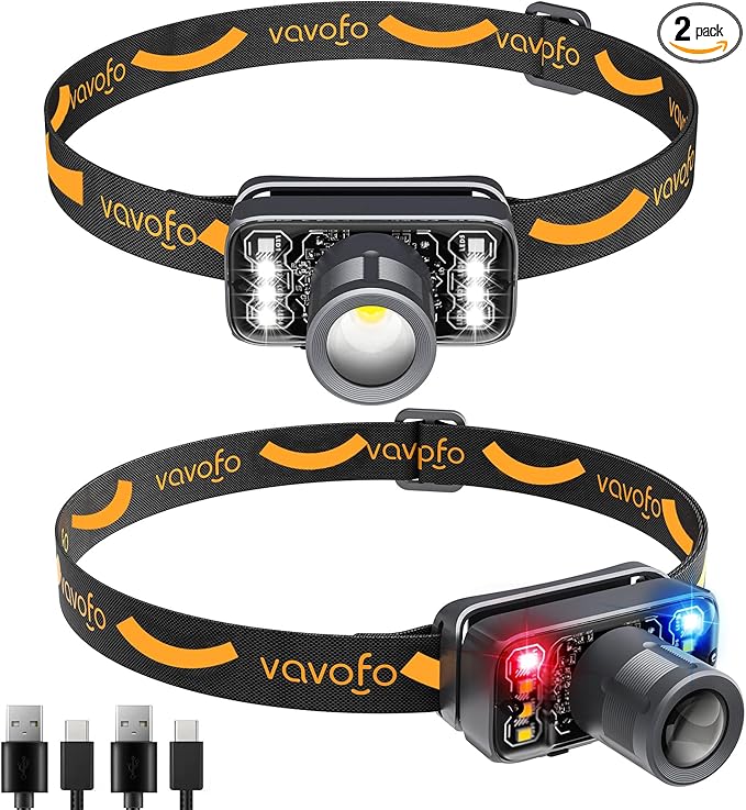 VAVOFO 2-Pack LED Headlamp Flashlight, 500 Lumen Rechargeable Waterproof Outdoor Headlight with Bright White +Red Light, Stepless Dimming, Lightweight, Adjustable Headband, 5 Modes for Camping