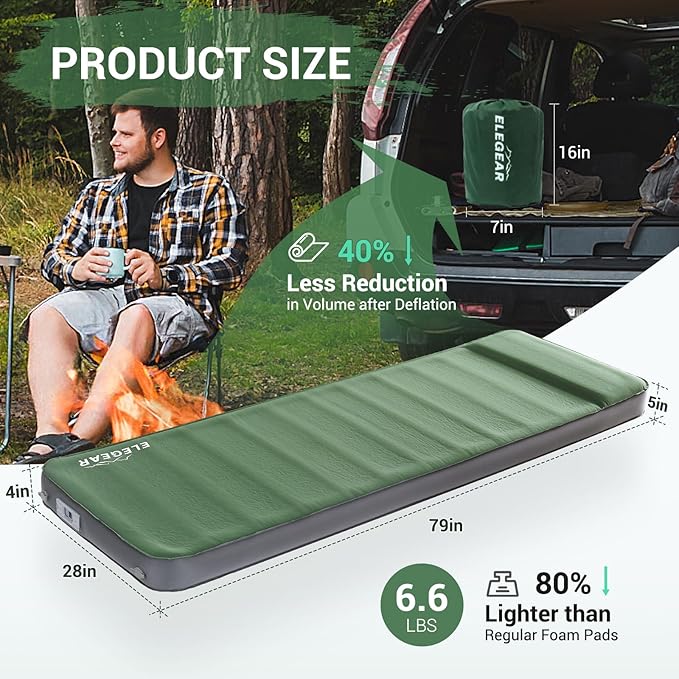 Elegear CumbreX™ Air & Foam Self Inflating Sleeping Pad, Built-in Electric Pump 4" Ultra-Thick Memory Foam Camping Mattress with Pillow Camping Pad 4-Season R-value 9.5 Camp Mat for Traveling - Single