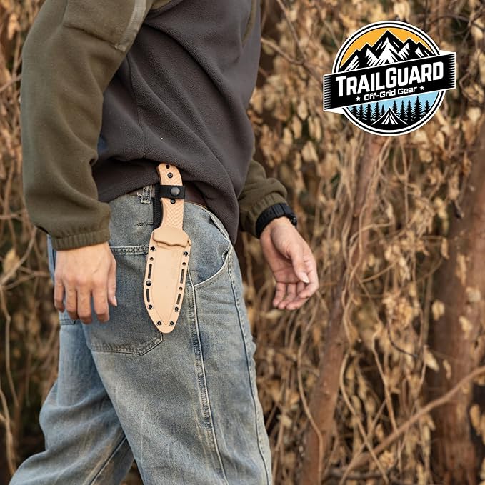Off-Grid Gear TRAILGUARD Camping & Tactical Fixed Blade Knife, Stainless Steel Blade, Grippy FRN Scales, Sheath, Built For Campers, Preppers, Hunters, Fishermen, Survivalists, Handymen, Boaters, Bug Out Bag (Rustic Canyon)