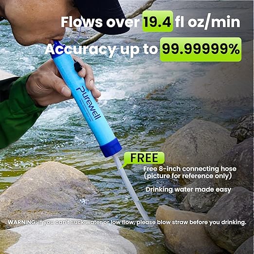 Purewell Outdoor Water Personal Water Filtration Straw Emergency Survival Gear Water Purifier for Camping Hiking Climbing Backpacking(2PCS)