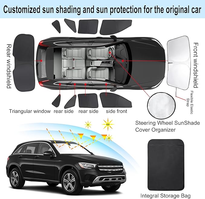 10PCS Windshield Sun Shade Custom Fit for 2016-2022 Mercedes-Benz GLC Accessories Foldable Sunshade Side Rear Window Shade Cover Full Set Privacy Protection Keeps Car Cool