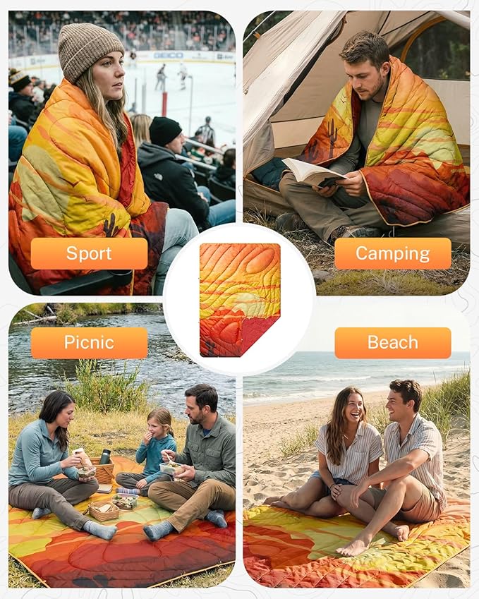 Gonex Camping Blanket with Aero-Warmth Breathable Layer - Puffy Printed Packable Blanket, Ultralight Wearable Water-Resistant Quilt, 79" X 55" for Camping, Beach, Hiking, Travel, Picnics(Desert)