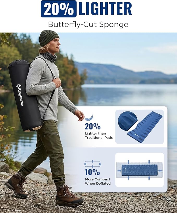 KingCamp Sleeping Pad for Camping, Rollover Prevention Self Inflating Sleeping Pad Camping Mattress Foam Mat with Butterfly Edge Cut for Outdoor & Indoor, Tent Cot Car Backpacking, PVC Free