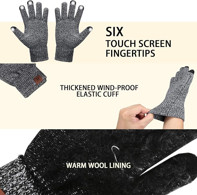 Winter Beanie Hat Scarf Touchscreen Gloves Set for Men and Women, Beanie Gloves Neck Warmer Set with Warm Knit Fleece Lined