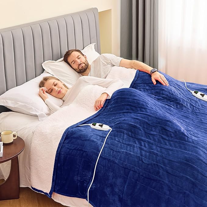 greenoak Heated Blanket Electric King Size 100"X90" Dual Control, Heating Blanket with 10 Heat Levels 1/2/4/6/8 Hours Auto-Off, Sherpa Soft Warm Christmas Blanket, Sea Blue