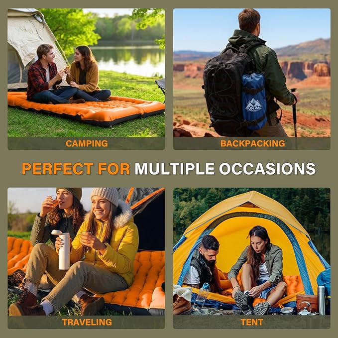 FUN PAC Camping Sleeping Pad, Ultralight Camping Pad with Pillow Built-in Foot Pump Inflatable Sleeping Pads Compact for Camping Backpacking Hiking Traveling - Orange