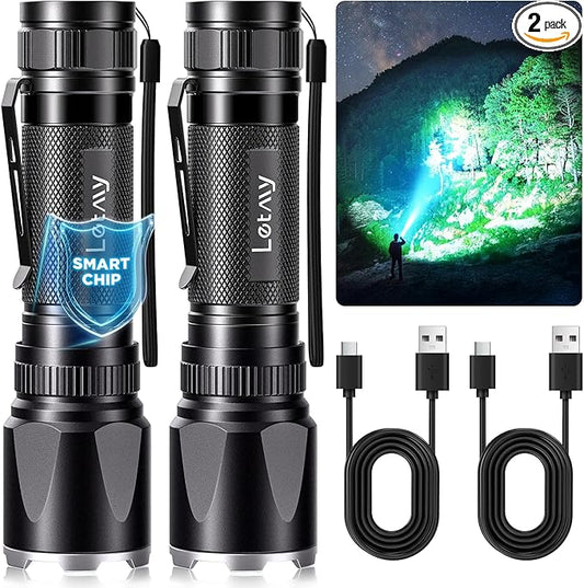 LETMY Rechargeable Flashlights High Lumens, 2 Pack 5000 Lumens Super Bright LED Tactical Flashlight, 3 Modes Samll Powerful Flash Lights with Clip, Waterproof Flashlights for Home Emergency Camping