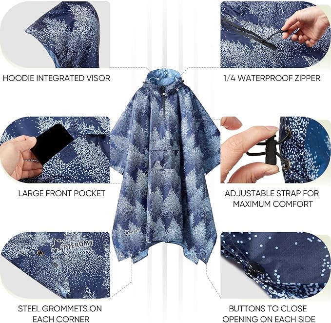 PTEROMY 3-in-1 Hooded Rain Poncho for Adult with Pocket, Waterproof Lightweight Unisex Raincoat for Hiking Camping Emergency
