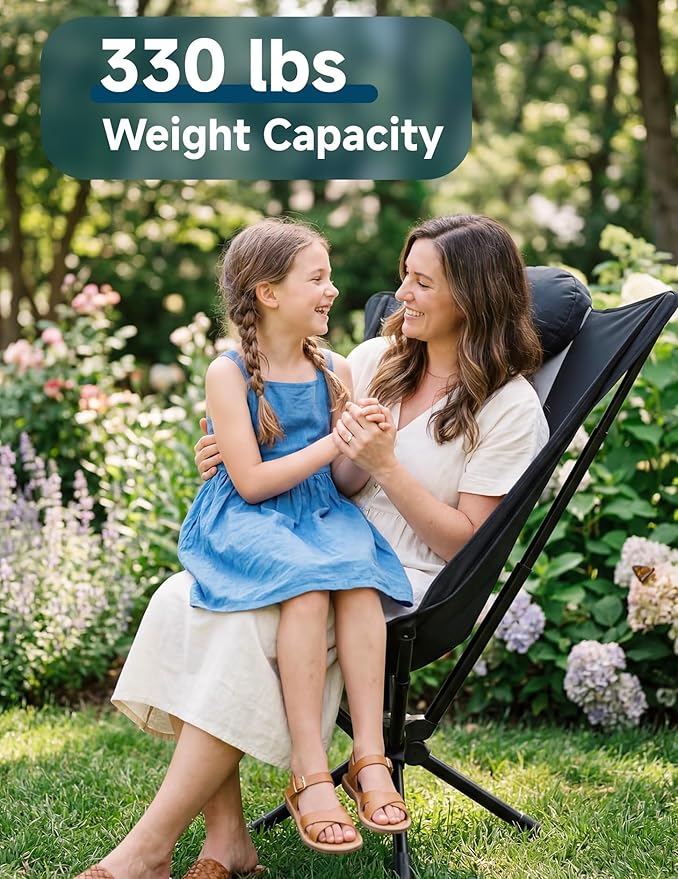 East Oak Swivel Camping Chair – High-Back Portable Folding Chair with Pillow, Sets Up in Seconds, Supports Up to 350 lbs, Compact Lightweight Backpacking Chair for Hiking, Beach, and Sports Events