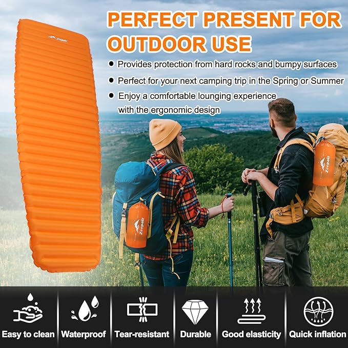 Camping Sleeping Pad, Ultralight Waterproof Inflatable Sleeping Mat with Inflation Bag, Lightweight Portable Compact Air Mattress for Outdoor Backpacking Hiking Traveling Tent Use (Single, Orange)