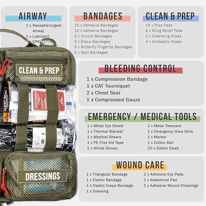 EVERLIT Roll Up Trauma First Aid Kit with CAT Tourniquet-Tactical IFAK Emergency Medical Kit for Outdoor, Vehicle & Home Preparedness-Quick Release Molle Bag for First Responders (OD Green)