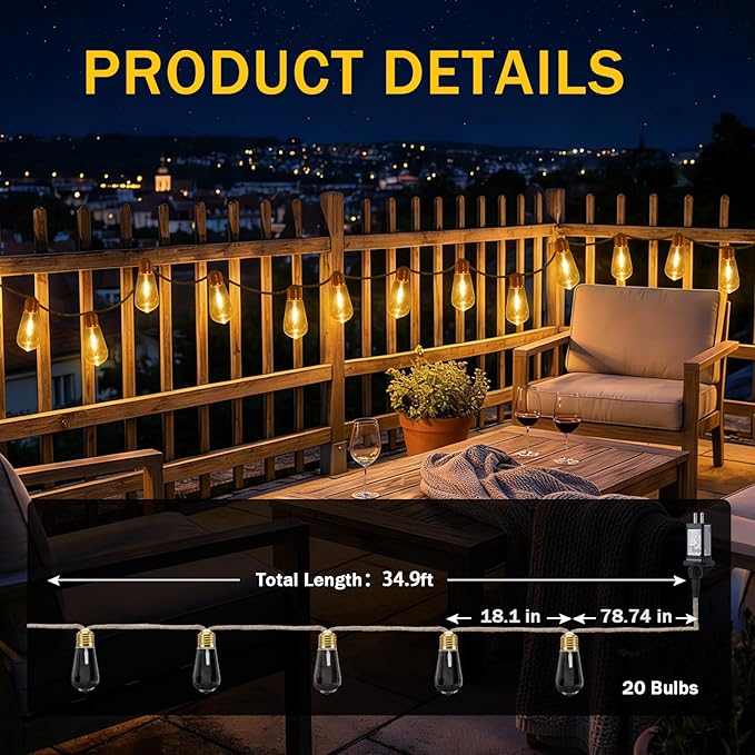 (New) Outdoor String Lights, 24FT 20 LED Hanging Bulbs Lights, IP65 Waterproof 8 Modes Plug-in Shatterproof Patio Globes Lights with Rope Hemp String for Backyard Balcony Camping Bistro - Warmwhite