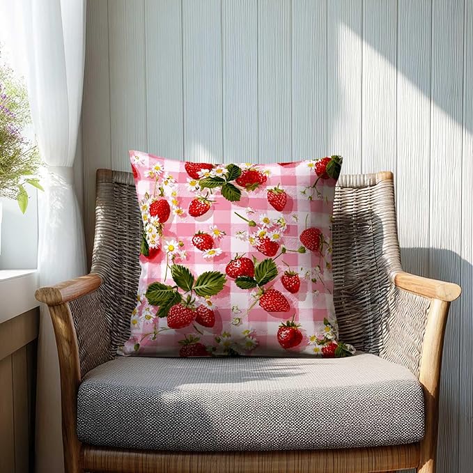 Strawberry Pink Gingham Throw Pillow Covers 18x18 Inch, Set of 2 | Square Cushion Covers for Couch & Living Room | Farmhouse Cottage Home Decor | Spring Summer Decorative Pillowcase