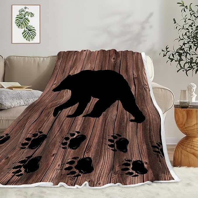 Torich Cabin Bear Throw Blankets, Rustic Lodge Brown Wooden Country Hunting Wild Animal Cozy Warm Bed Couch Blanket, White Fleece Flannel Throws to Decorate Room and Bedroom Camping Travel