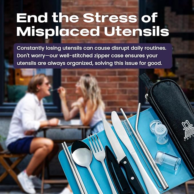 Taplord Portable Travel Silverware Set With Case, Includes 10 Pcs of Travel Utensils With Case, Stainless Steel Flatware Set For Camping, Lightweight (Silver)