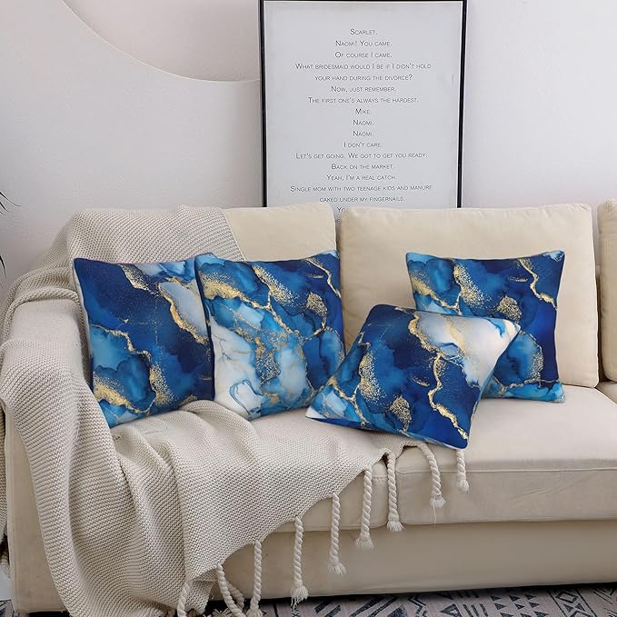 Blue Marble Throw Pillow Covers 18 X 18 Inch Set of 4 Decorative Cushion Cover Home Decor for Sofa Chair Couch Bedroom Living Room