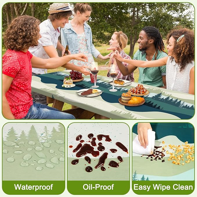 Picnic Table Cover with Bench Covers Portable Table Cloth Built-in Storage Pocket Fitted Tablecloth with Elastic Edges Waterproof Camping Essentials for Indoor Outdoor Rv,72in,Green Blue