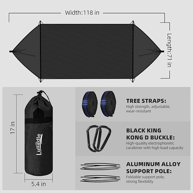 Lulladle Camping Hammock - (Double/Single) Hammock Portable with Tree Straps and with Mosquito Net，Nylon Hanging Hammock Easy Setup and Pack for Outdoor, Hiking and Backyard